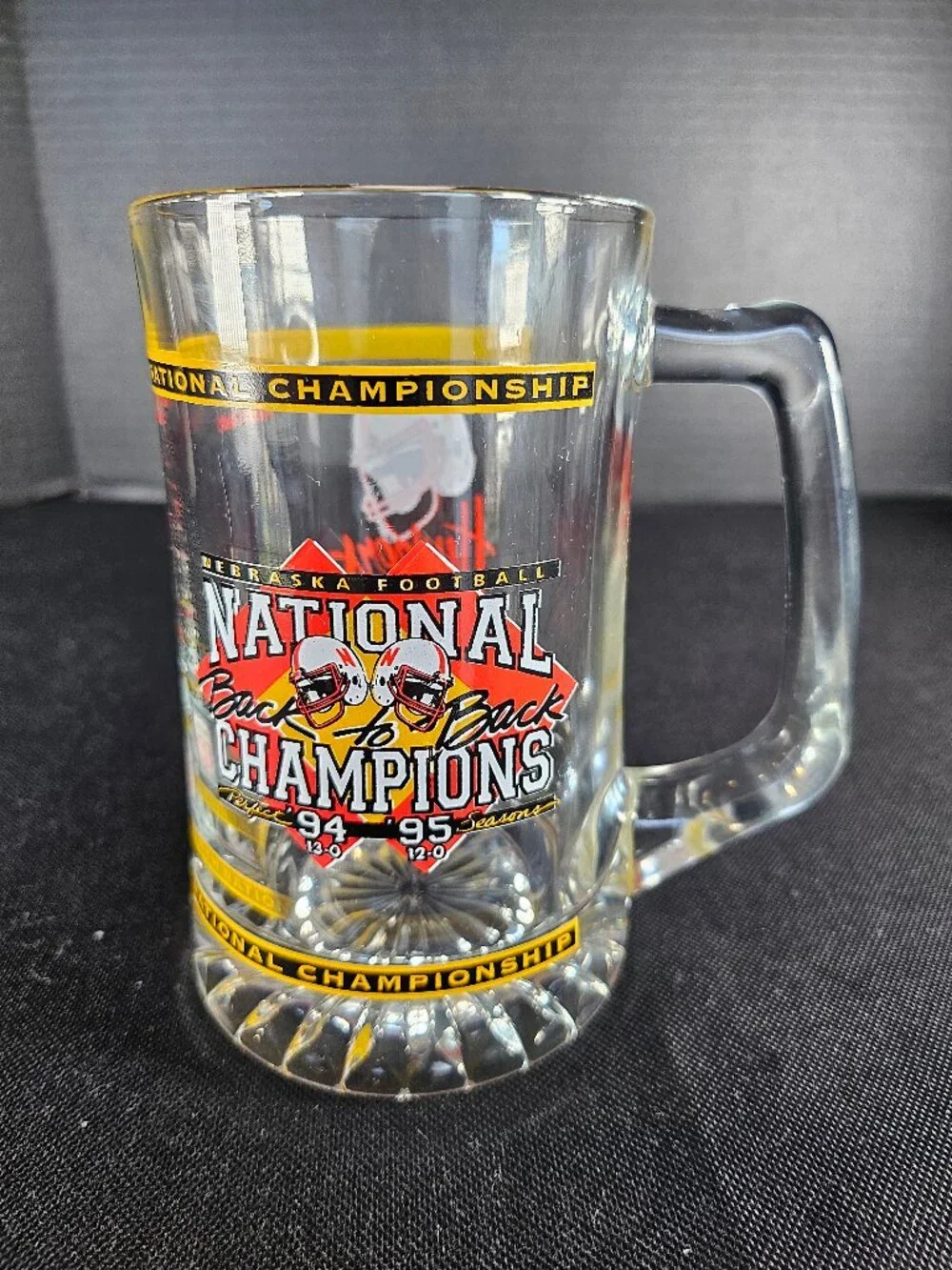 Vintage 1995 Nebraska Huskers National Champions Glass Beer Mug Tom Osborne 12-0